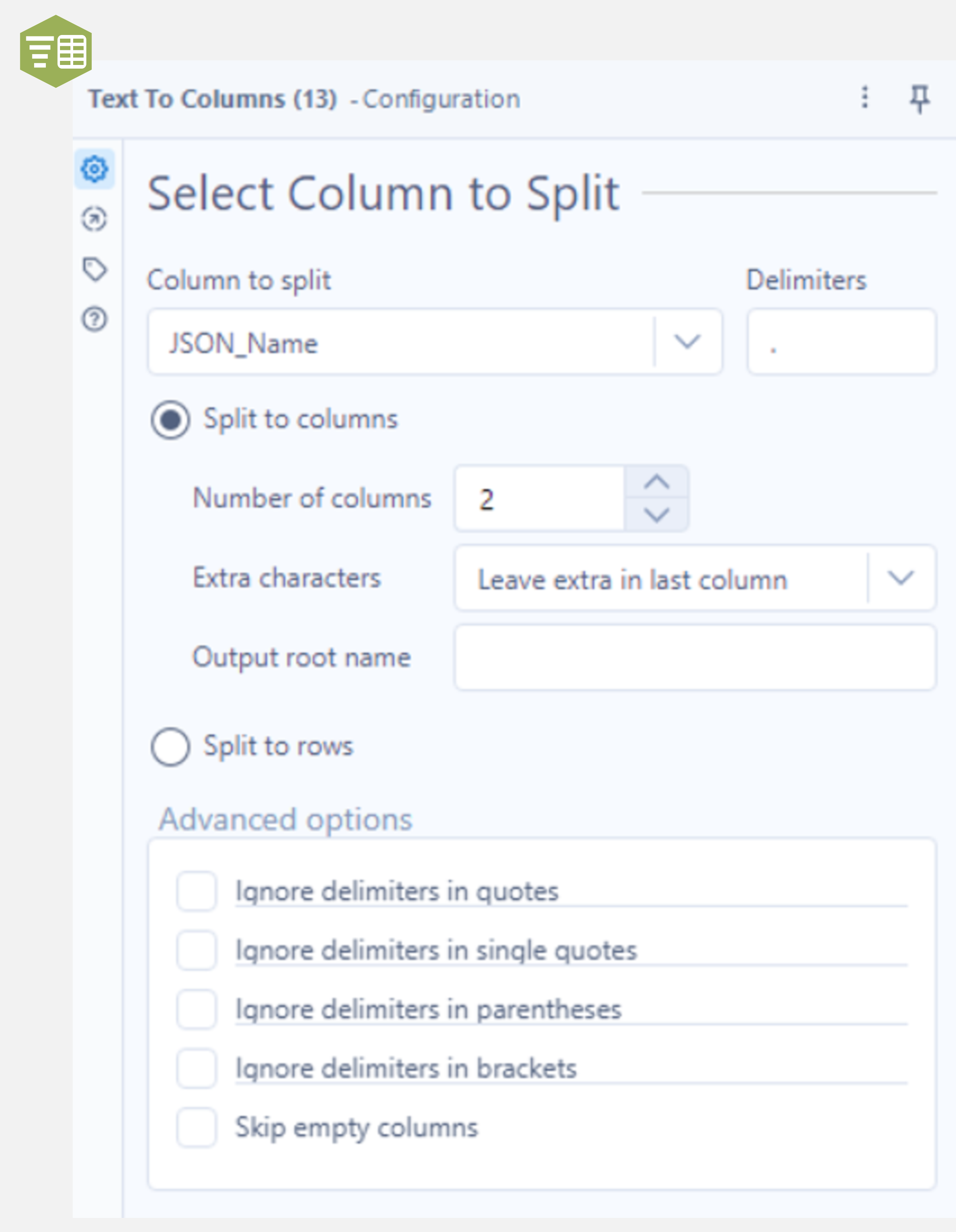 Text to Columns tool configuration panel